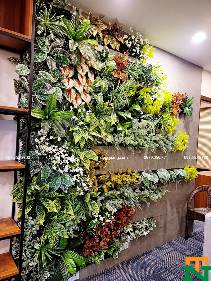 tường cây giả hoa lụa đẹp văn phòng