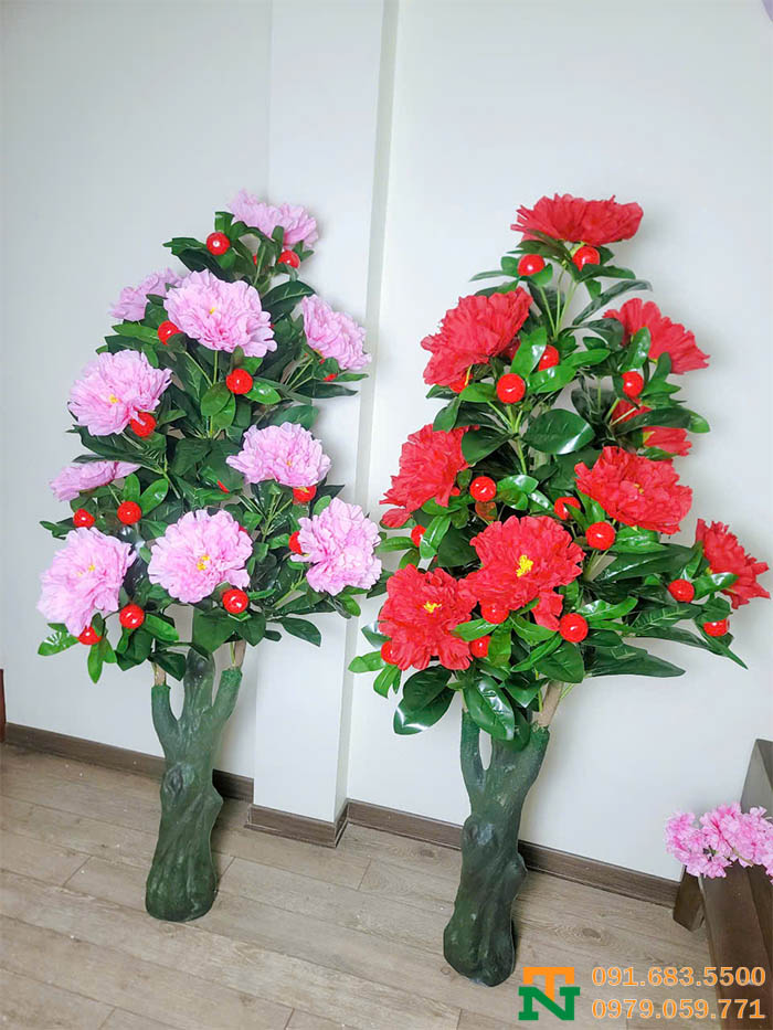 Cây mẫu đơn hồng-đỏ nhân tạo trang trí cao cấp