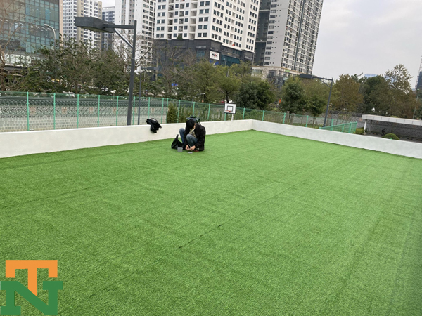 Hình ảnh đang thi công cỏ nhân tạo trải sàn cho đại sứ quán Hàn Quốc