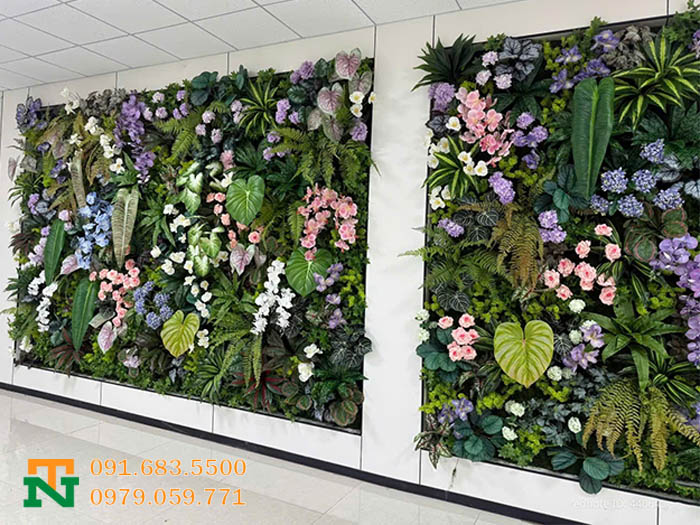 Tường cây xanh mix hoa sắc màu